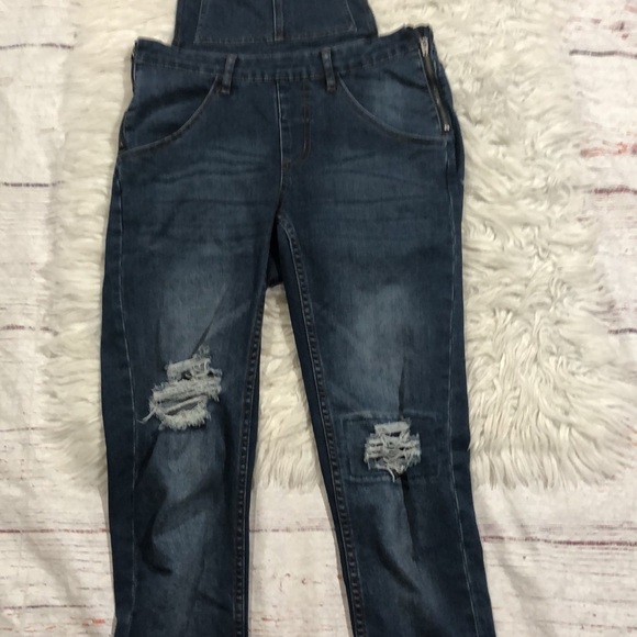 Cheap Monday Distressed Knee Dungaree Carbon Blue Denim Overalls - Picture 12 of 16